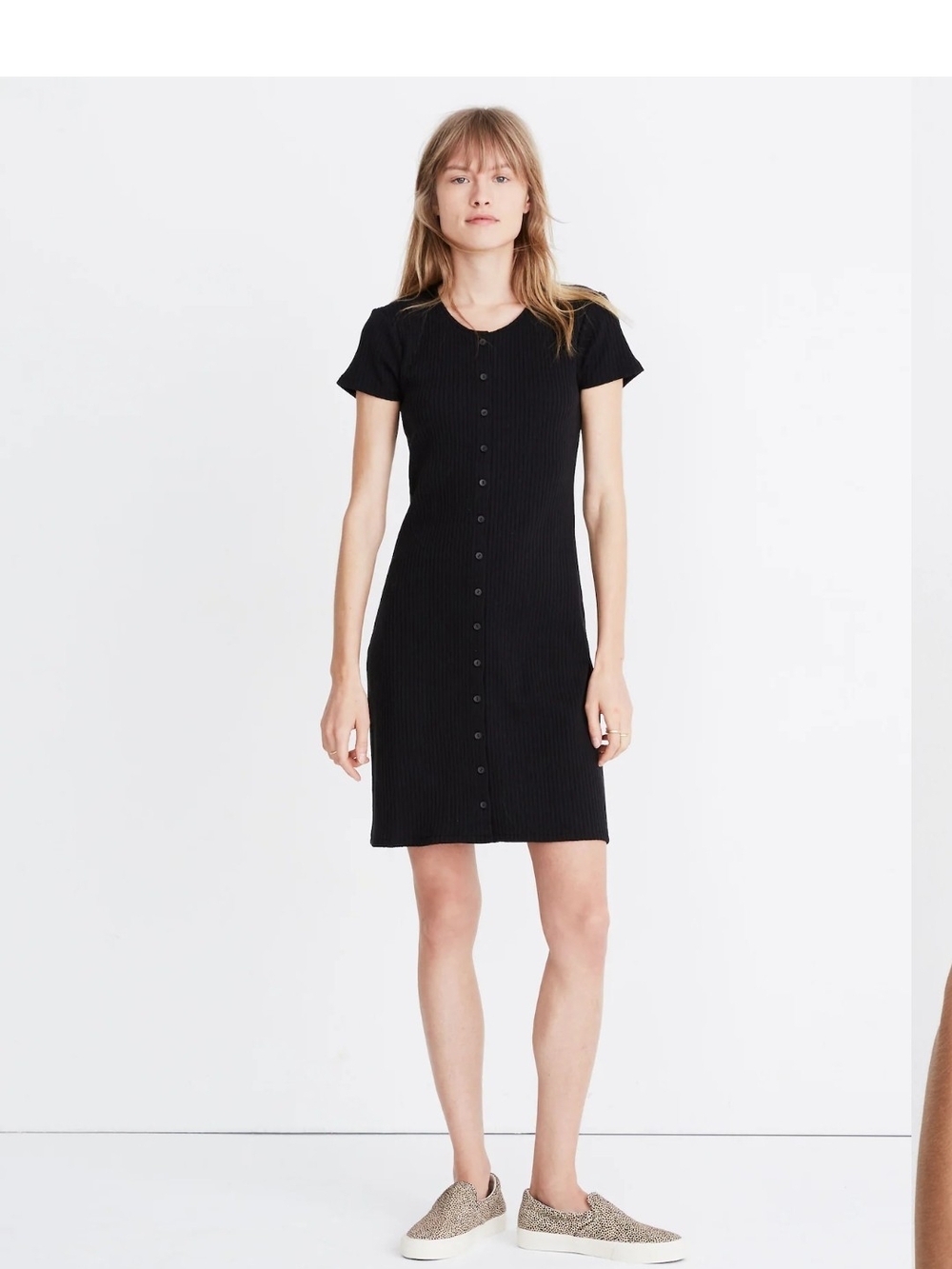 Madewell Black Ribbed Button-Front Midi Dress